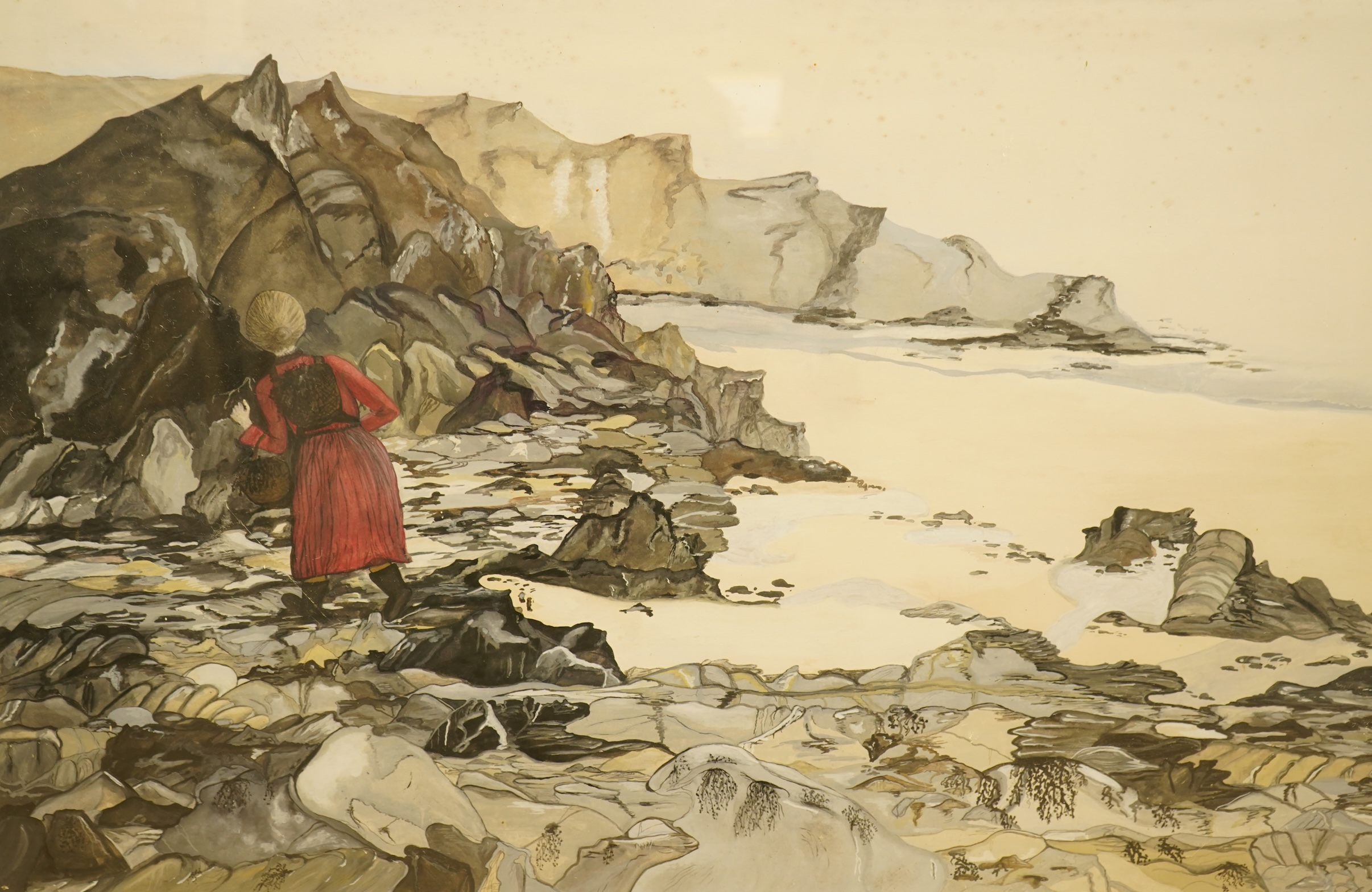 Cornish School, Woman before cliffs, indistinctly signed and dated ‘86, watercolour and gouache, 49 x 77cm